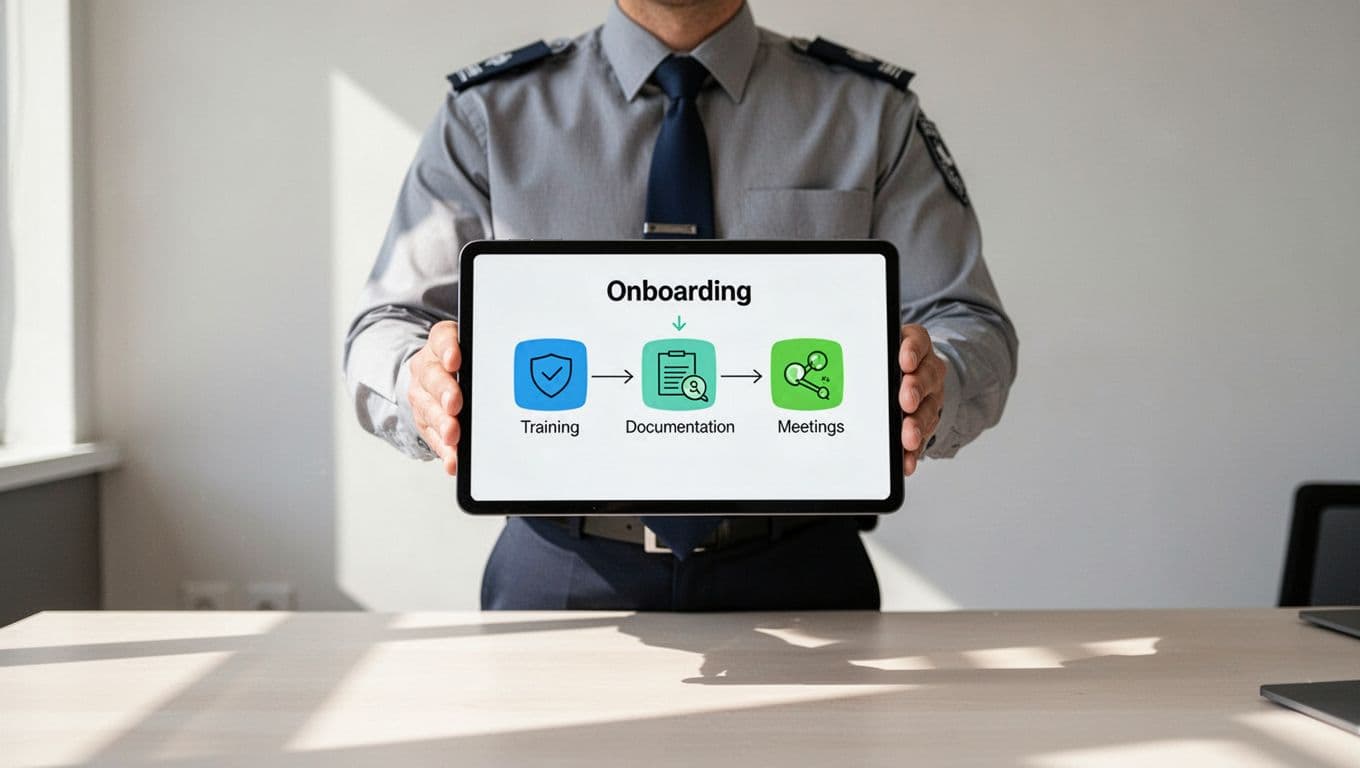 A security professional holds a digital tablet displaying a flowchart illustrating onboarding steps with icons for training, documentation, and team meetings on a simple office desk background in a modern illustration style.