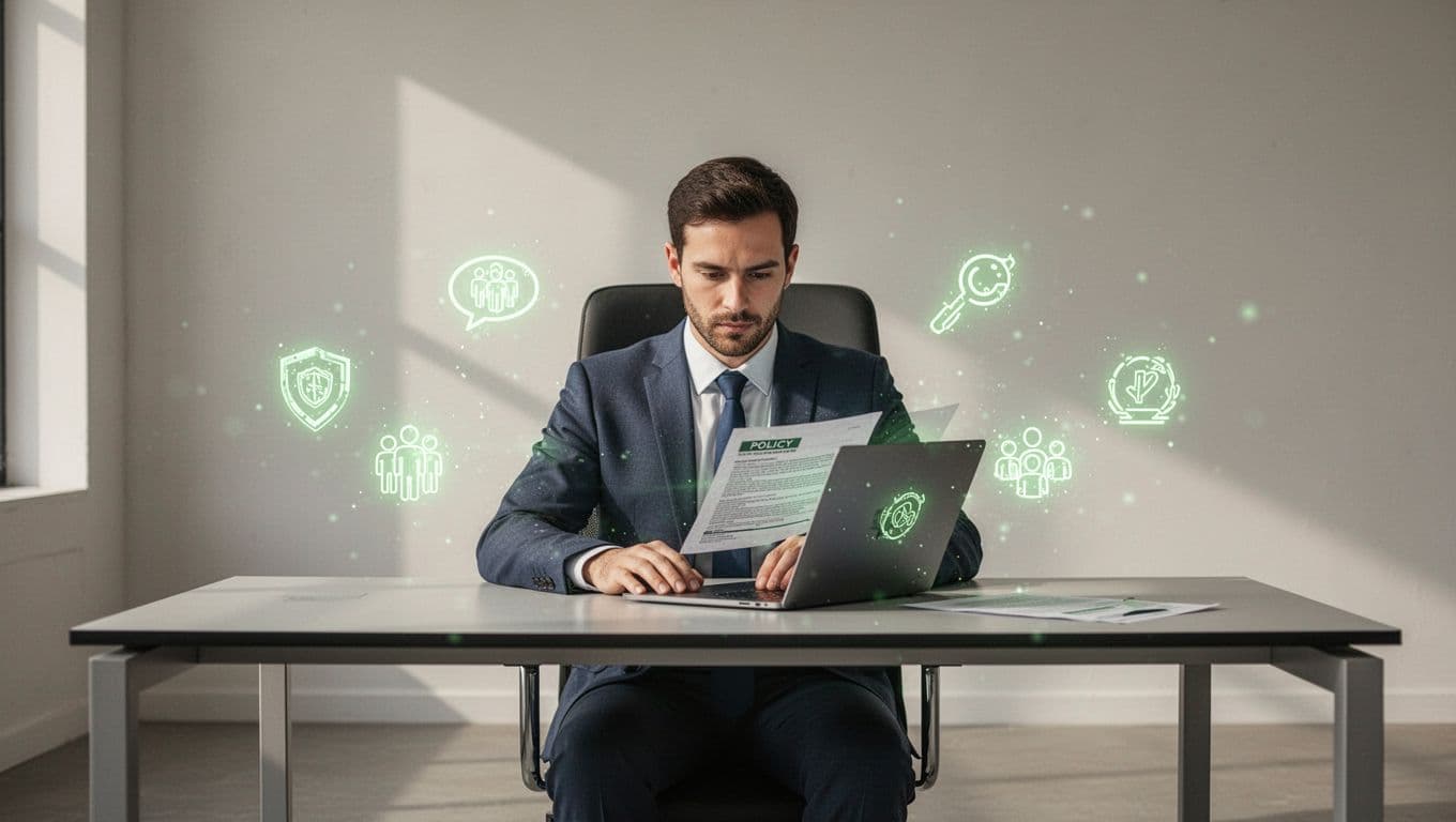 A security professional seated at a modern desk reviews policy documents on a laptop, surrounded by subtle floating icons representing legal, compliance, HR, and technical stakeholders in a clean modern illustration style.