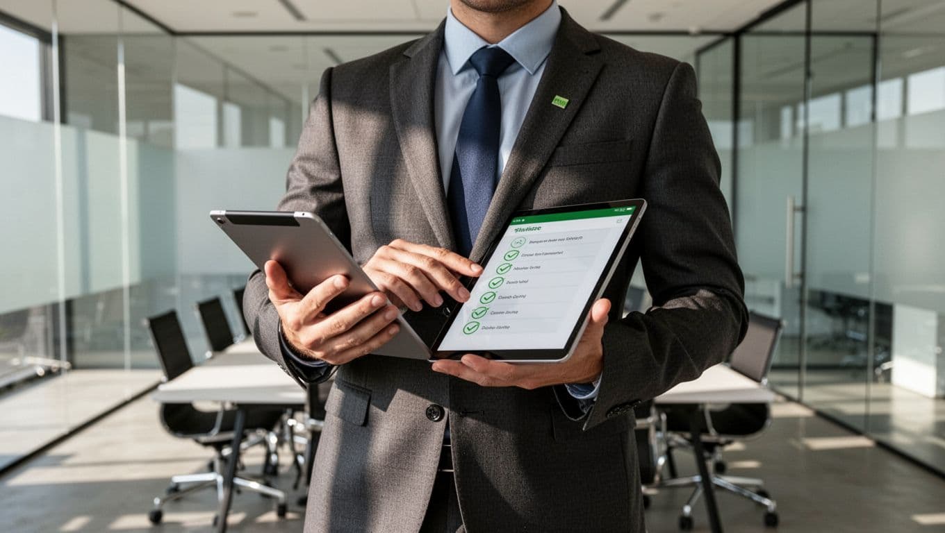 Modern illustration of a security professional holding a digital tablet with a Red Team Report Evaluation Checklist in a conference room. Checklist items like evidence quality and risk ratings are checked off with green accents, featuring a simple background and strong central composition.