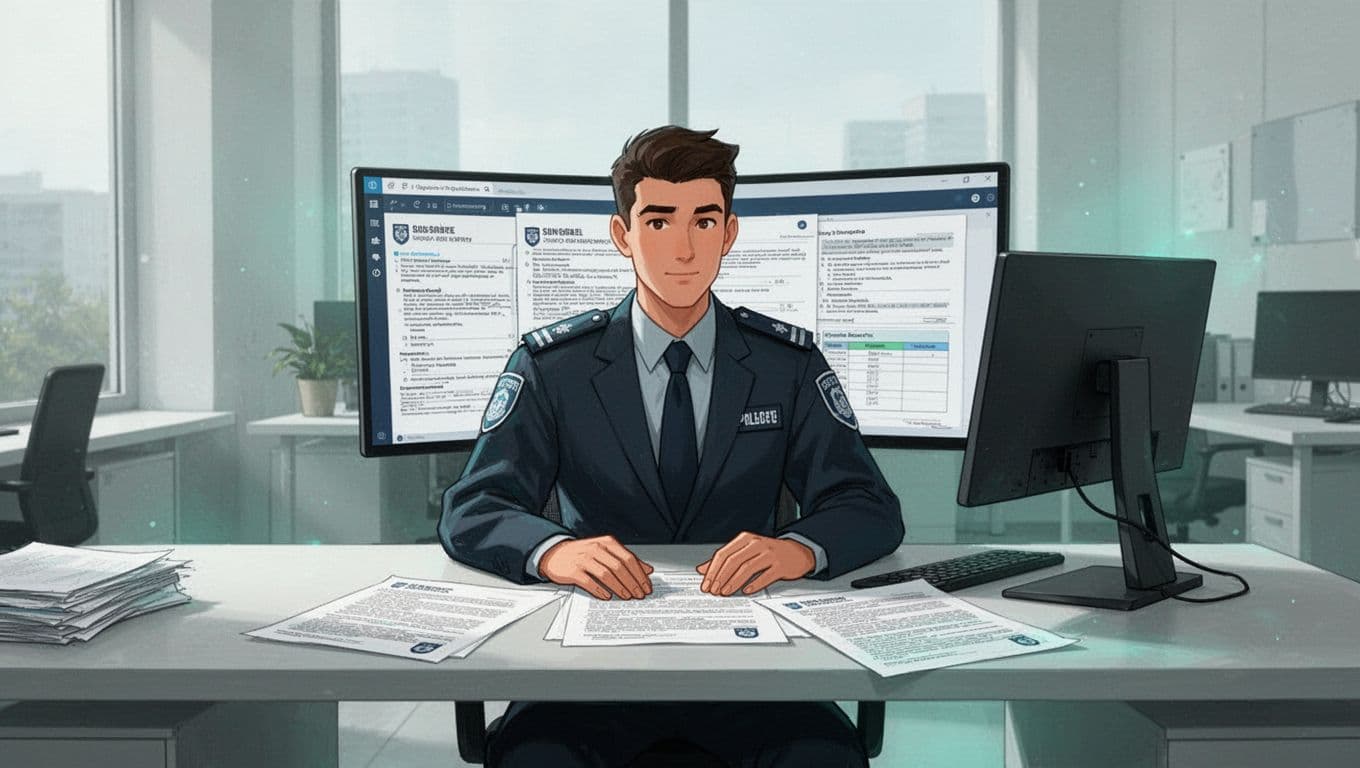 Modern illustration of a security professional at a desk reviewing detailed RFP document for security awareness training on screen and paper in an office with soft natural light.