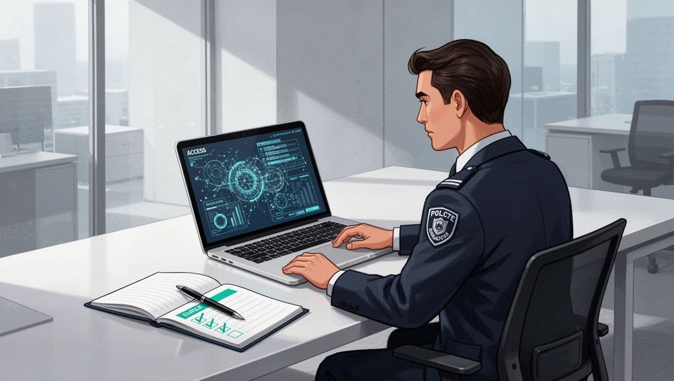 Modern illustration of a security professional at a desk reviewing key card access logs on a laptop, with notepad and checklist nearby in soft office lighting.