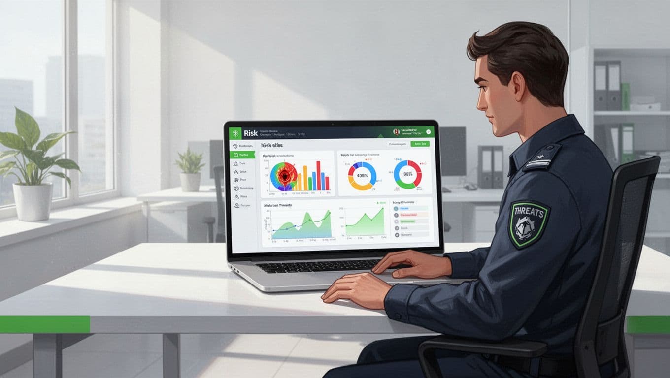 Security professional at desk in bright office reviews laptop dashboard with threat charts.