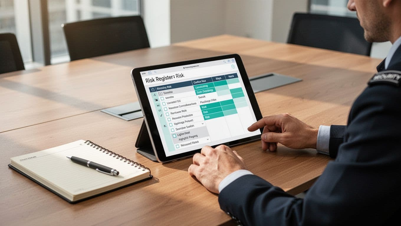 Security professional creates risk register on tablet at conference table, screen shows charts and lists, notebook and pen nearby.