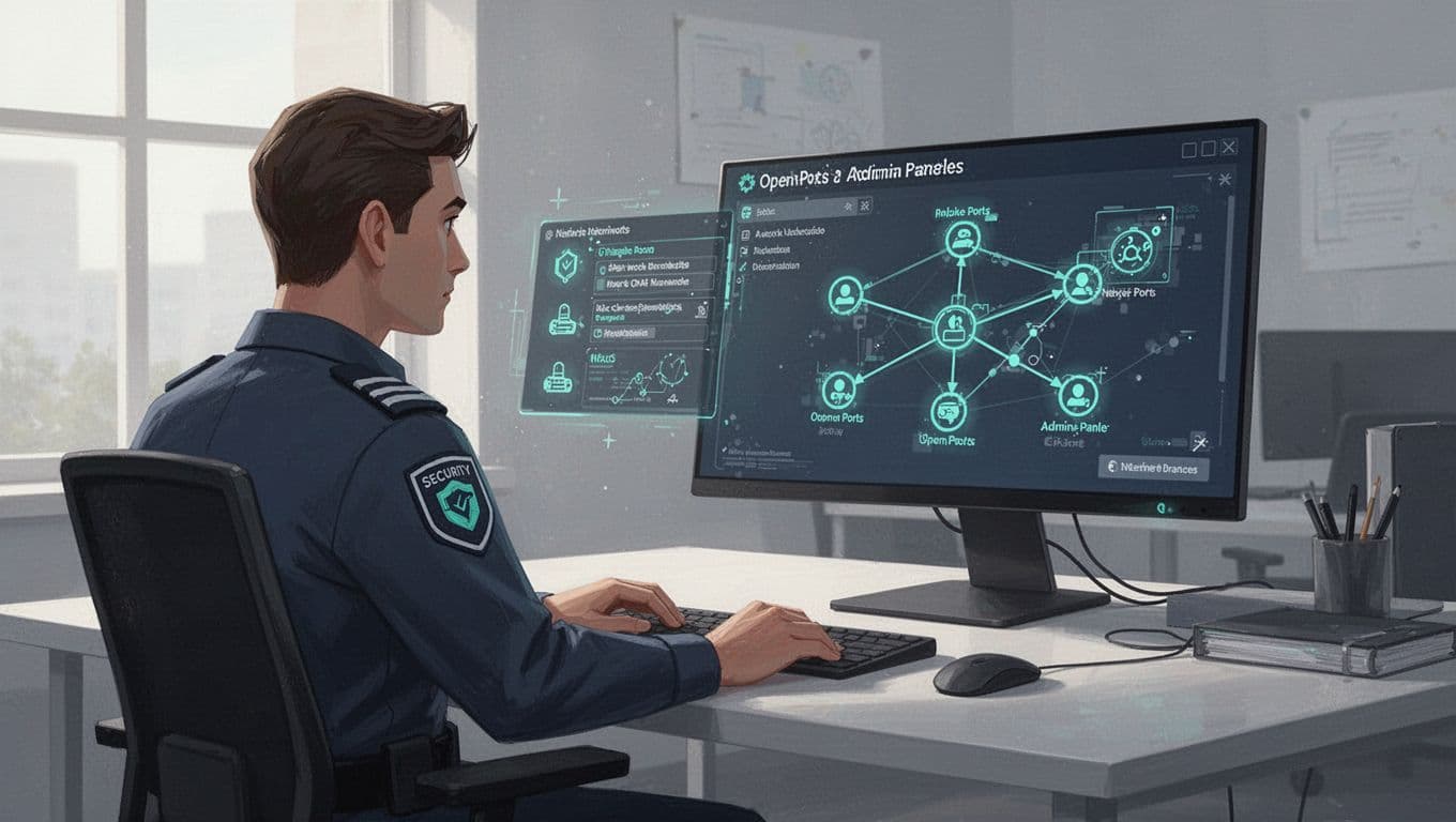 Security professional at desk views network diagram on monitor highlighting vulnerable nodes.