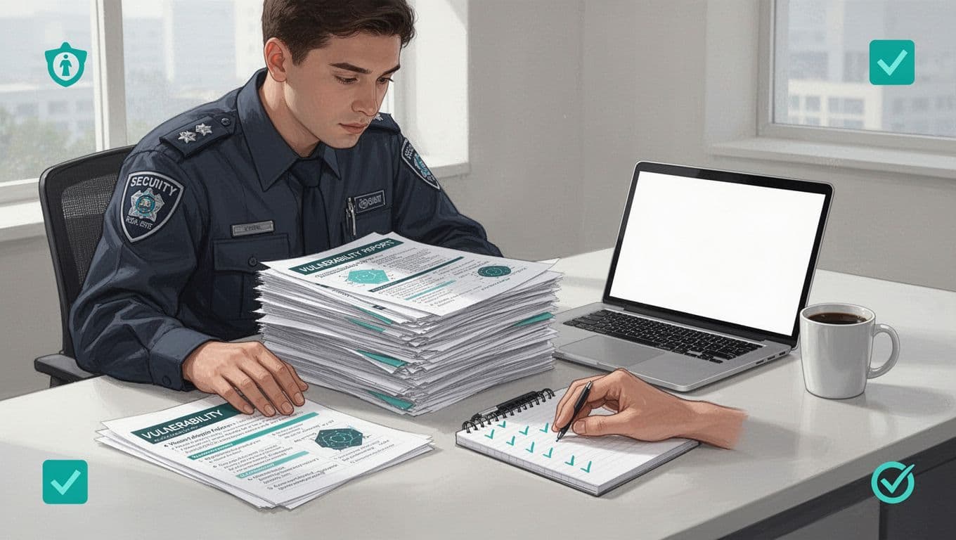 Security professional seated at office desk focused on stack of vulnerability reports, notepad with checkmarks, angled open laptop, and coffee mug nearby.