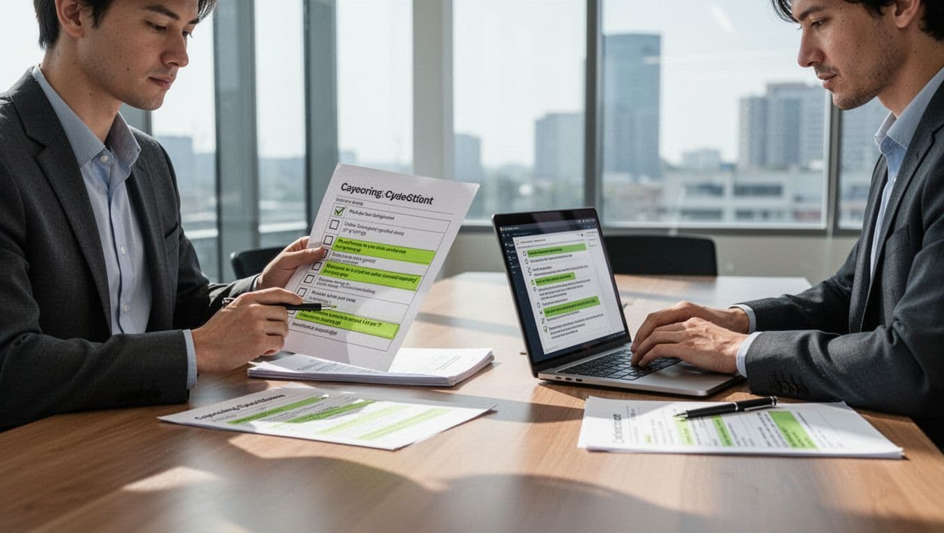 Modern illustration of two security professionals at a conference table, one reviewing a printed checklist with highlights, the other noting on a laptop, using clean shapes, controlled color palette with green accents, in an office with natural daylight.