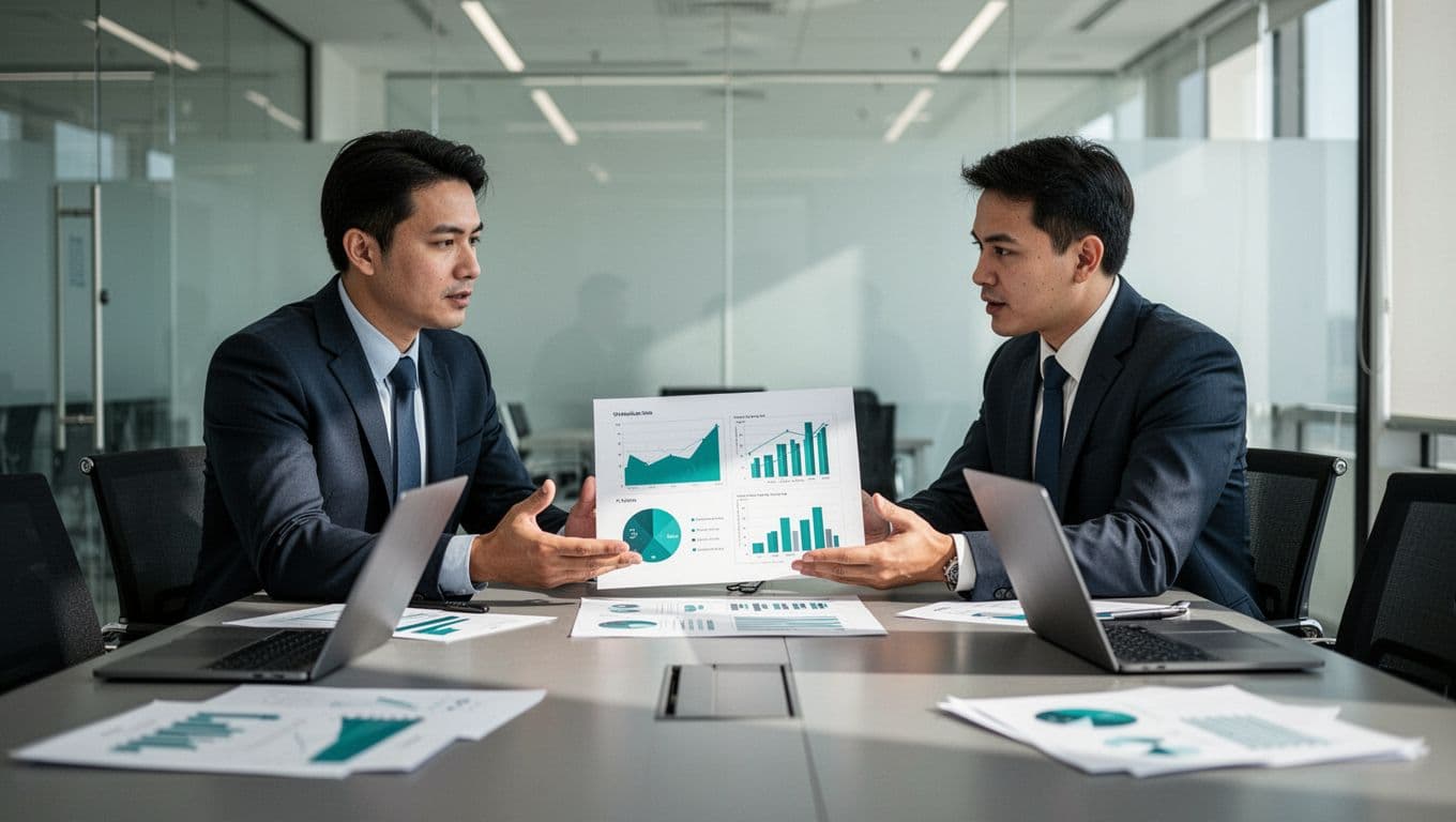 Two security professionals discuss printed ROI report with upward green charts in modern conference room.