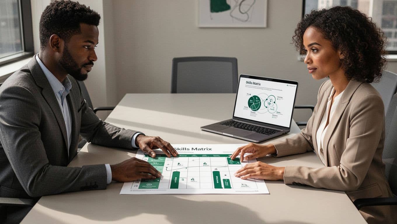 Modern illustration of two diverse professionals (one male, one female) seated at a conference table, collaboratively reviewing a printed skills matrix chart with subtle green highlights, laptop nearby showing abstract chart, neutral office background.