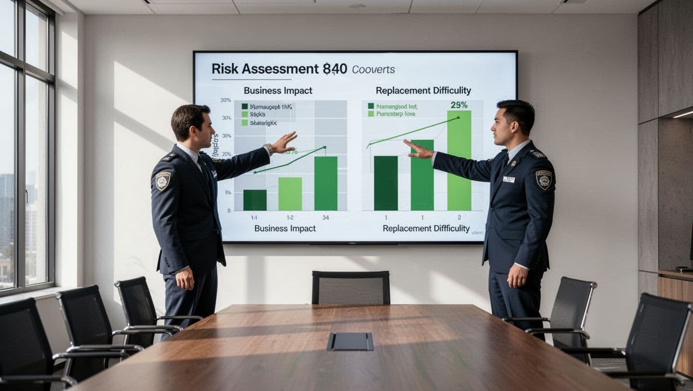 Two security professionals in a conference room examine a risk assessment matrix on a large screen, highlighting high-risk roles like CISO and incident responder.
