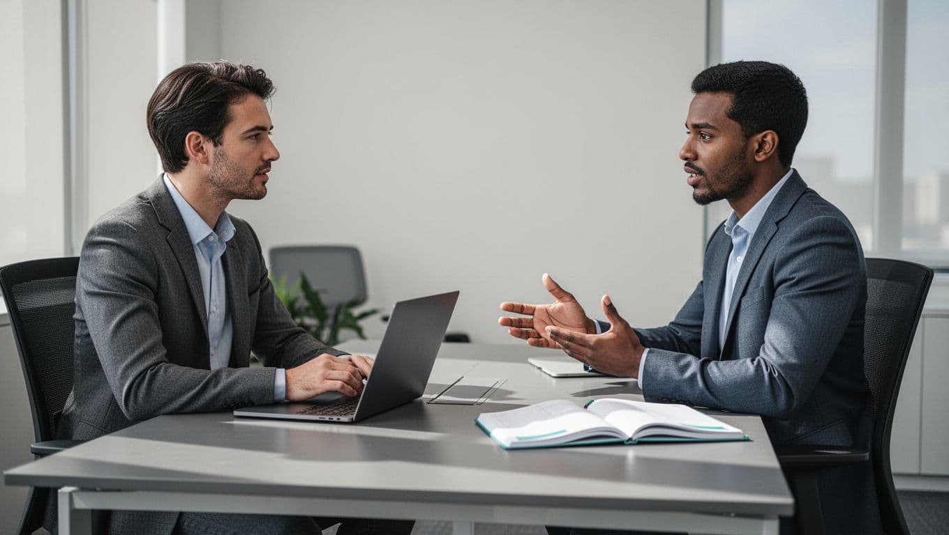 Modern illustration of a professional interview with one interviewer and one candidate at a desk in a modern office. The candidate gestures while explaining, with notepad and laptop present, using clean shapes and green accents.