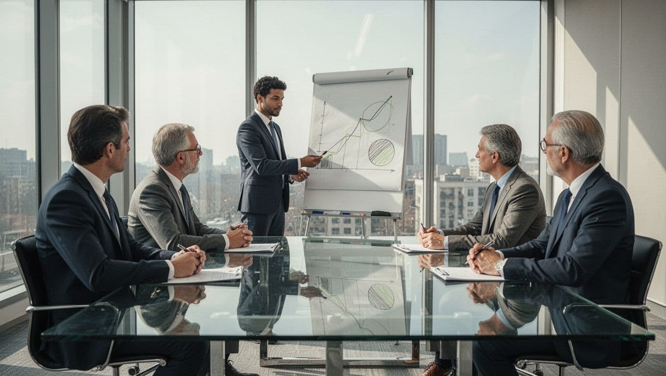 Modern illustration of a professional interview for a Security Program Manager role in a conference room, featuring a candidate presenting an abstract risk management flowchart to a relaxed panel of three executives (CISO, IT lead, HR). Clean composition with natural window lighting, accented in green lines, exactly four people.