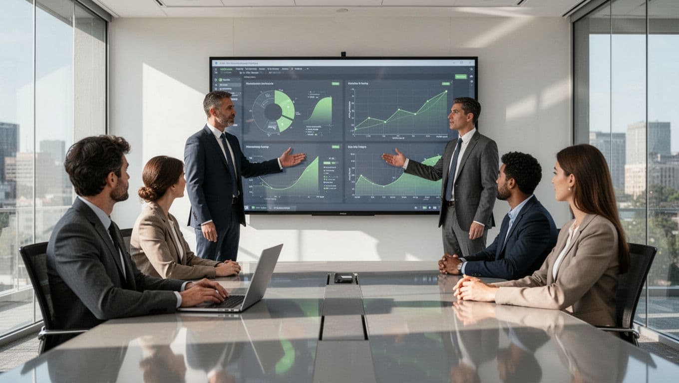 Modern illustration of a Security Program Manager standing and gesturing at a large screen with security metrics charts in a bright conference room, while three attentive team members from different departments listen.
