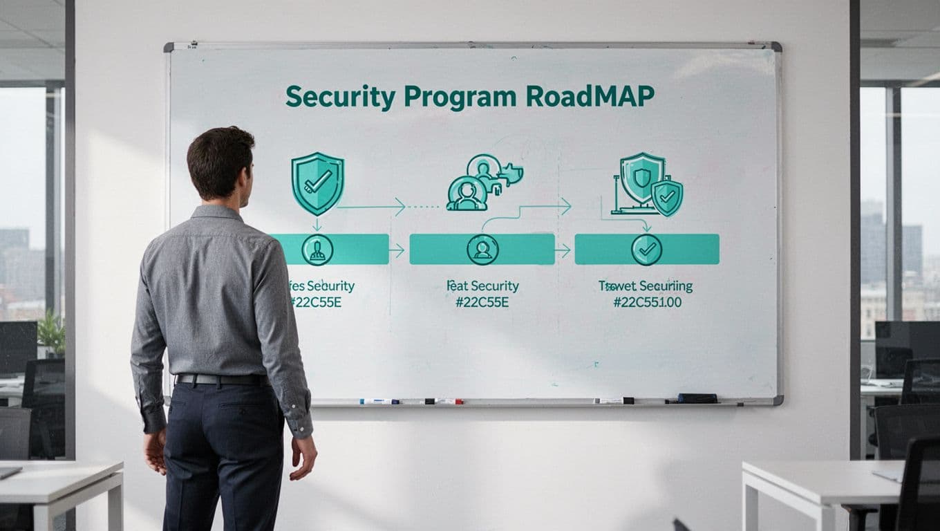 Whiteboard illustrates security roadmap stages assess, build, scale with green icons; one person reviews in simple office.