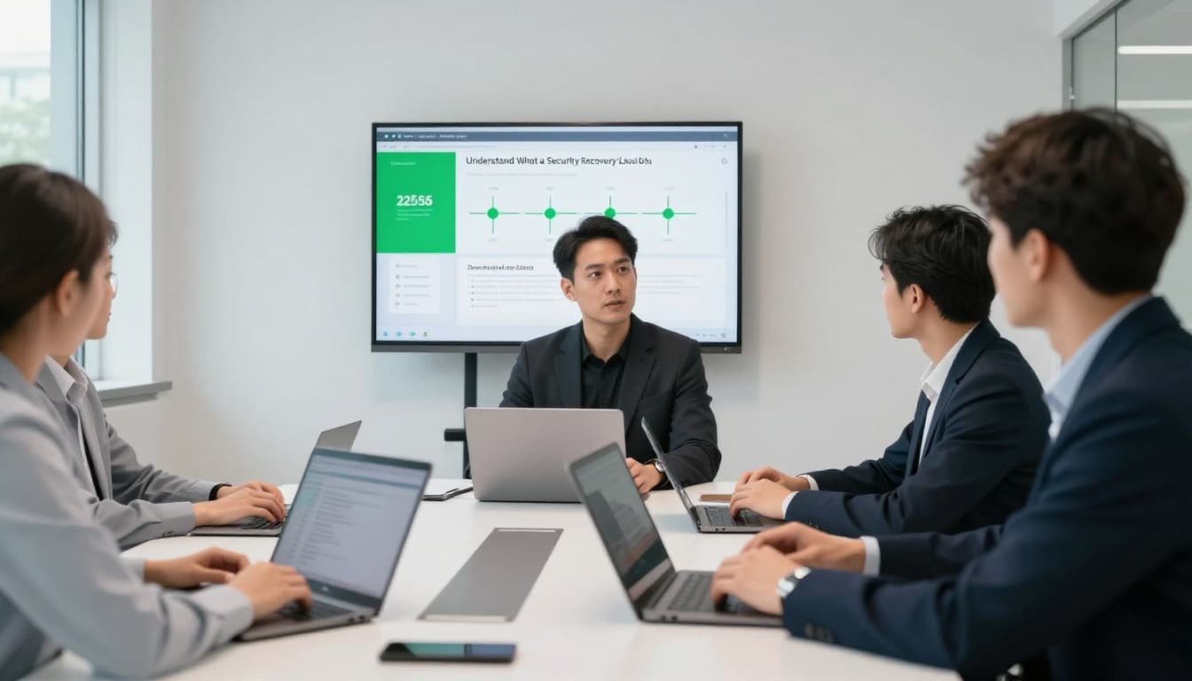 Security leader at conference table head with laptop, three team members on screens, wall charts with timelines and metrics.