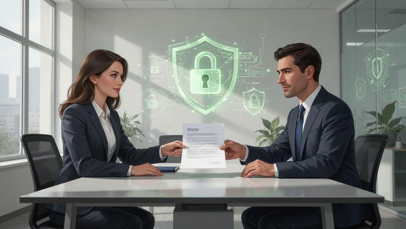 Modern illustration of a recruiter handing a detailed brief document to a hiring manager in a modern office with cybersecurity elements like locks and shields in the background.