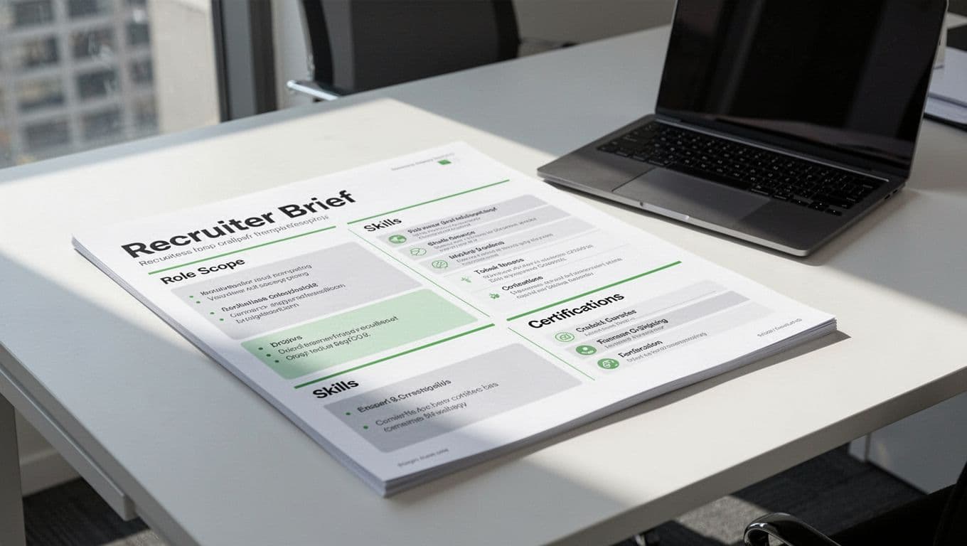 Modern illustration of a clean, structured security recruiter brief template document laid out on a professional office desk with a laptop nearby. Subtle highlights on sections like role scope, skills, and certifications using green accents, natural daylight lighting, no people or text visible.
