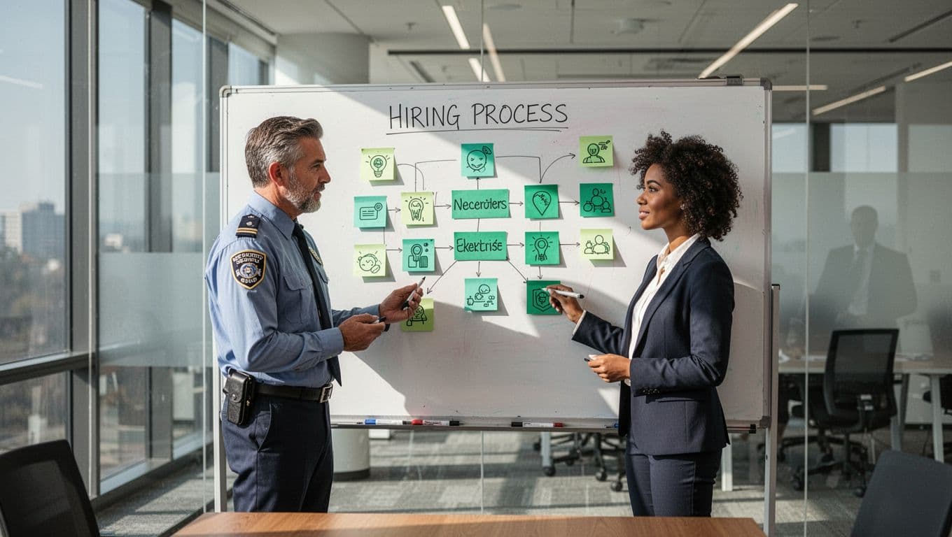 Modern illustration of diverse professionals—a woman and a man—collaborating at a whiteboard in a conference room, mapping hiring process steps with sticky notes, charts, and simple icons accented in green.