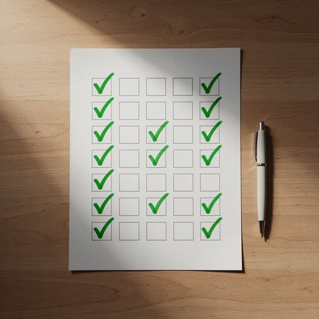 Modern top-down illustration of a checklist paper for the security recruitment RFP process on a wooden desk, featuring check boxes with green ticks and a nearby pen, using clean minimal shapes, strong composition, and soft shadows.