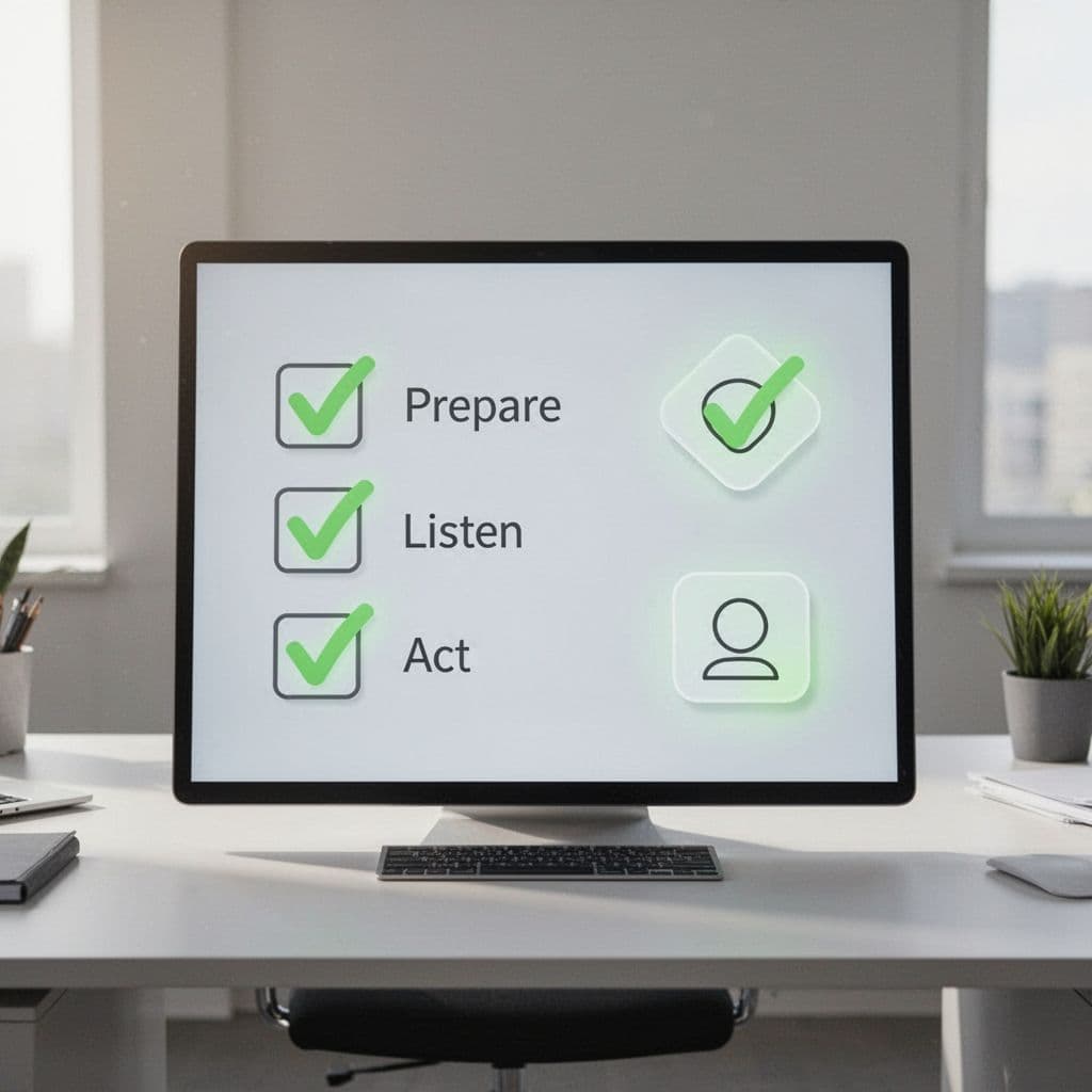 Modern illustration of a simple checklist framework on a digital board for security retention interviews, with icons for prepare, ask, listen, act steps and green highlights on checkmarks against a minimal office desk background.