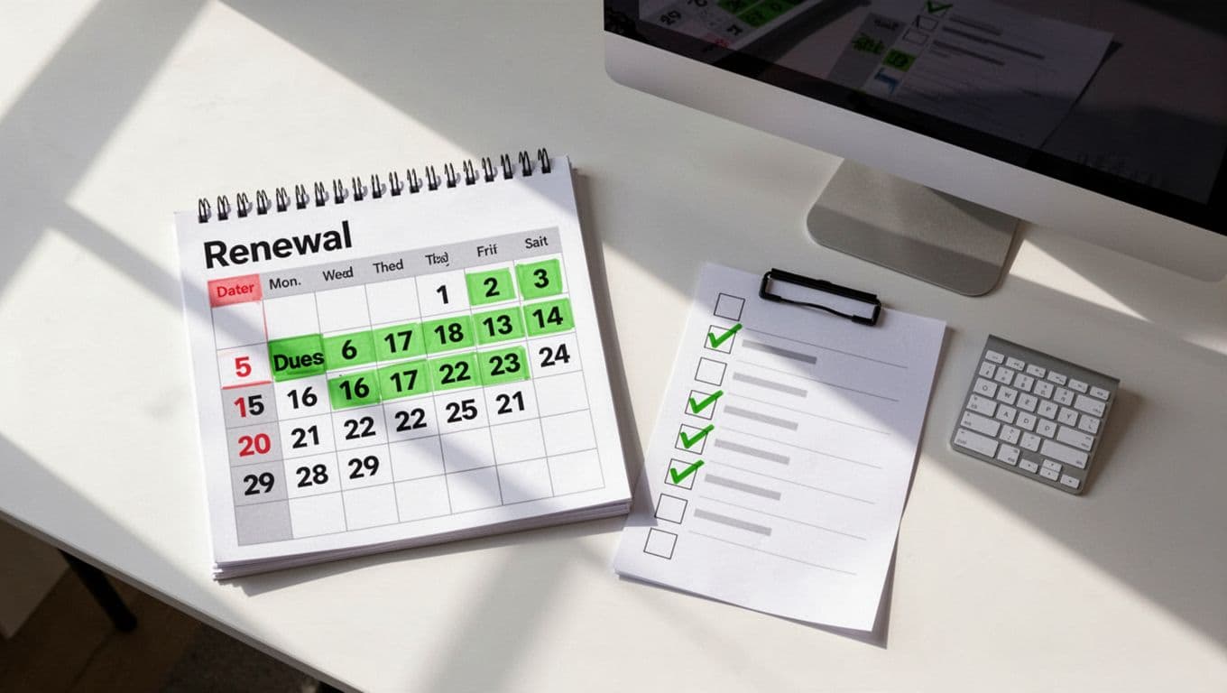 Modern top-down illustration of a desk featuring a calendar with highlighted renewal dates and a checklist for reviewing security exceptions, with a computer in the background under natural daylight.
