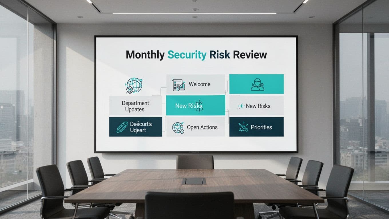 Conference room digital screen displays agenda template with icons for welcome, updates, risks, actions, priorities.