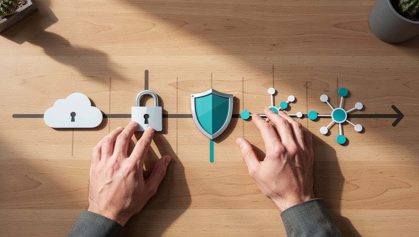 Hands arrange security icons like shields and locks along a timeline on a desk, top-down view.