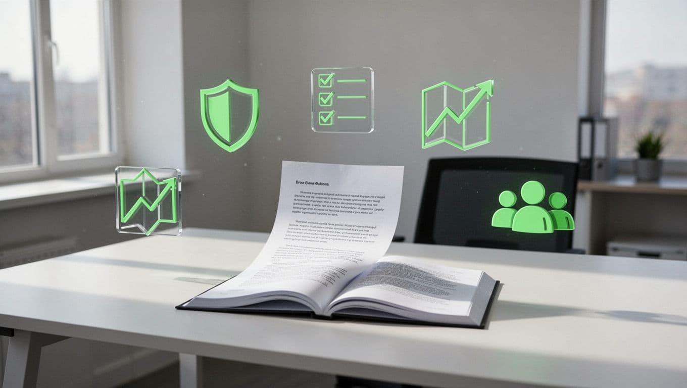 Modern illustration of an open document on a simple office desk under soft light, surrounded by floating icons for authority (shield), responsibilities (checklist), scope (boundary map), metrics (upward graph), and alignment (team silhouette), using green accent color.