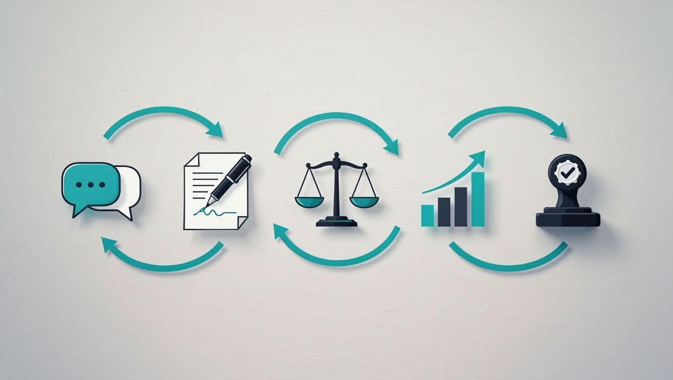 Modern horizontal flowchart with five simple icons—group discussion bubble, pen on paper, balance scale, rising bar chart, approval stamp—connected by green curved arrows on a neutral gradient background, illustrating the sequential process for building a security role charter.