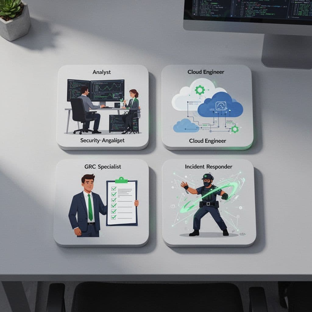 Grid of icons depicting security analyst at computer, cloud engineer with diagram, GRC specialist checklist, and incident responder on a desk with green accents.
