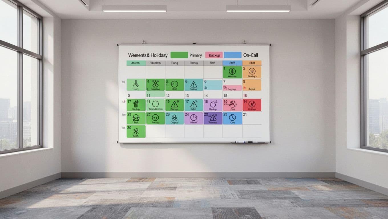 Wall calendar in empty conference room shows full month with color-coded shifts and green weekends.