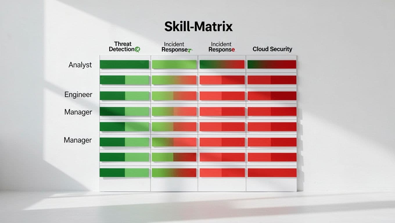 Modern illustration of a security skills matrix as a simple grid table with rows for team roles like Analyst, Engineer, Manager and columns for skills such as Threat Detection, Incident Response, Cloud Security, using color-coded proficiency bars from green to red.
