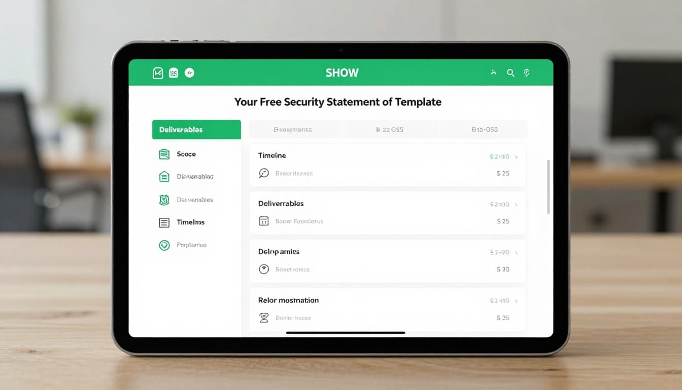 Modern illustration of a digital statement of work template interface on a tablet screen, featuring structured sections with icons for scope, deliverables, timeline, and pricing in a clean design with green accents.