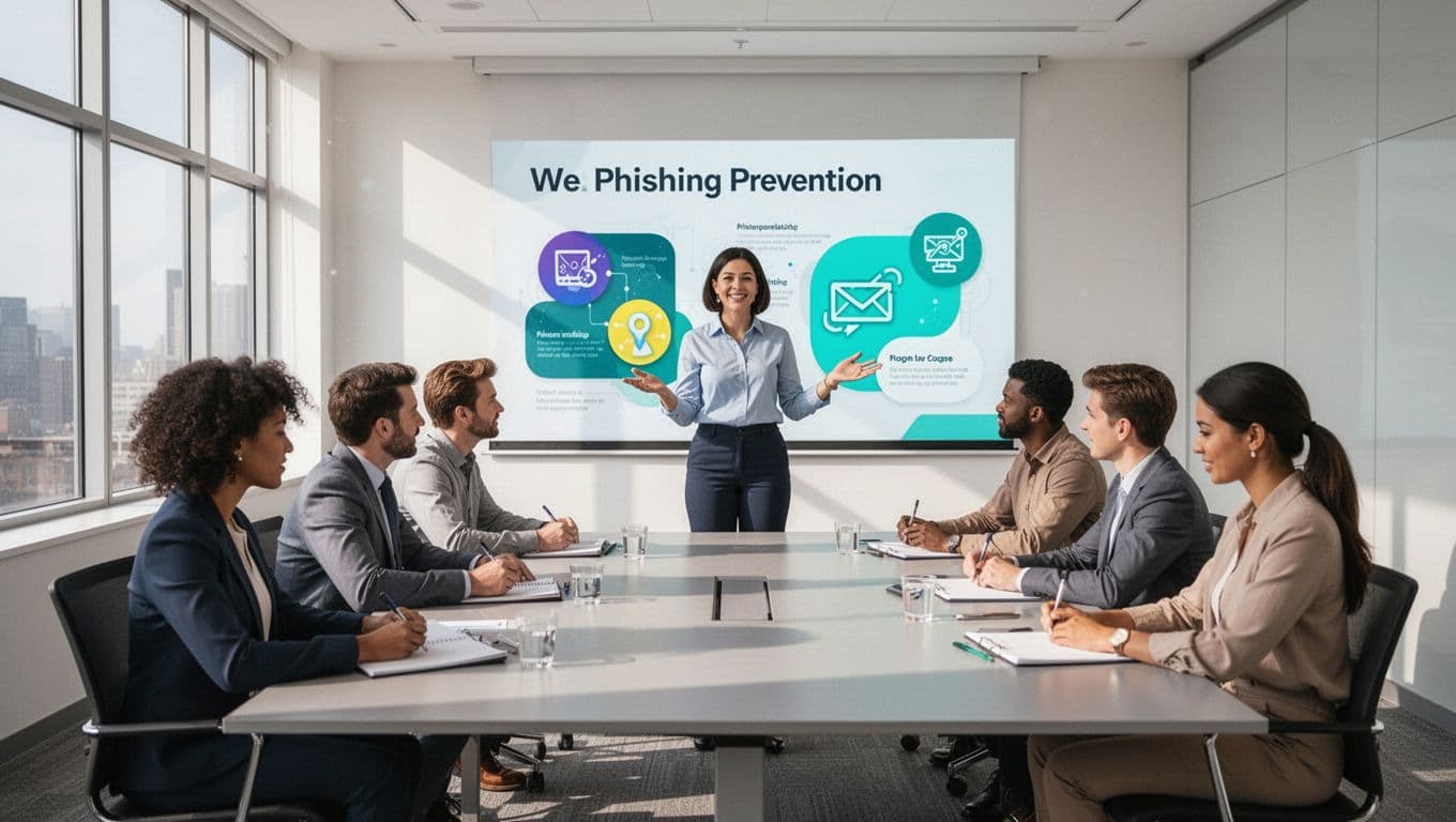 Security specialist presents charts to diverse team of eight taking notes in bright conference room.