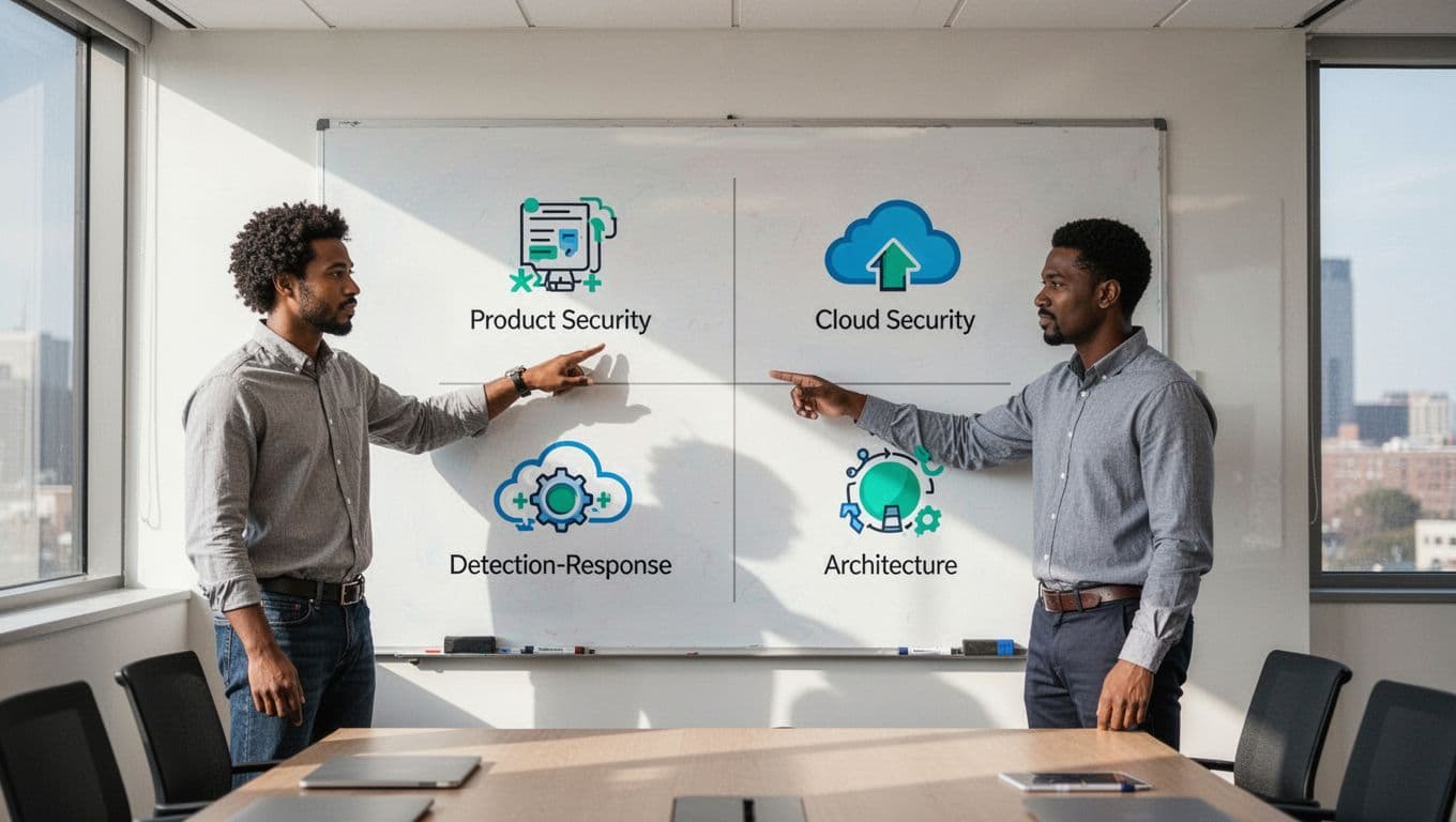 Modern illustration in a conference room featuring four quadrants on a whiteboard with clean icons for product security, cloud security, detection response, and architecture. One diverse engineer points to the board with natural lighting and green accents.