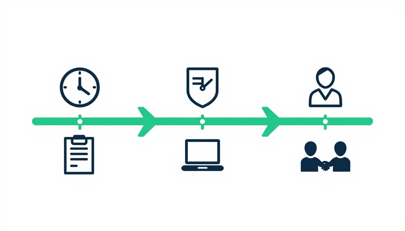 Horizontal flowchart connects four icons—checklist, clock hands, laptop with shield, handshake—with green arrows.