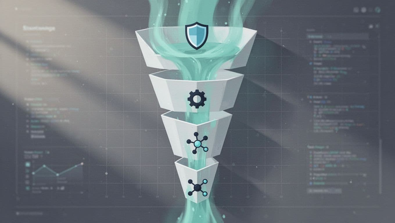 Vertical funnel on digital dashboard shows stages from awareness to ready-to-hire with security tool icons and green flow.