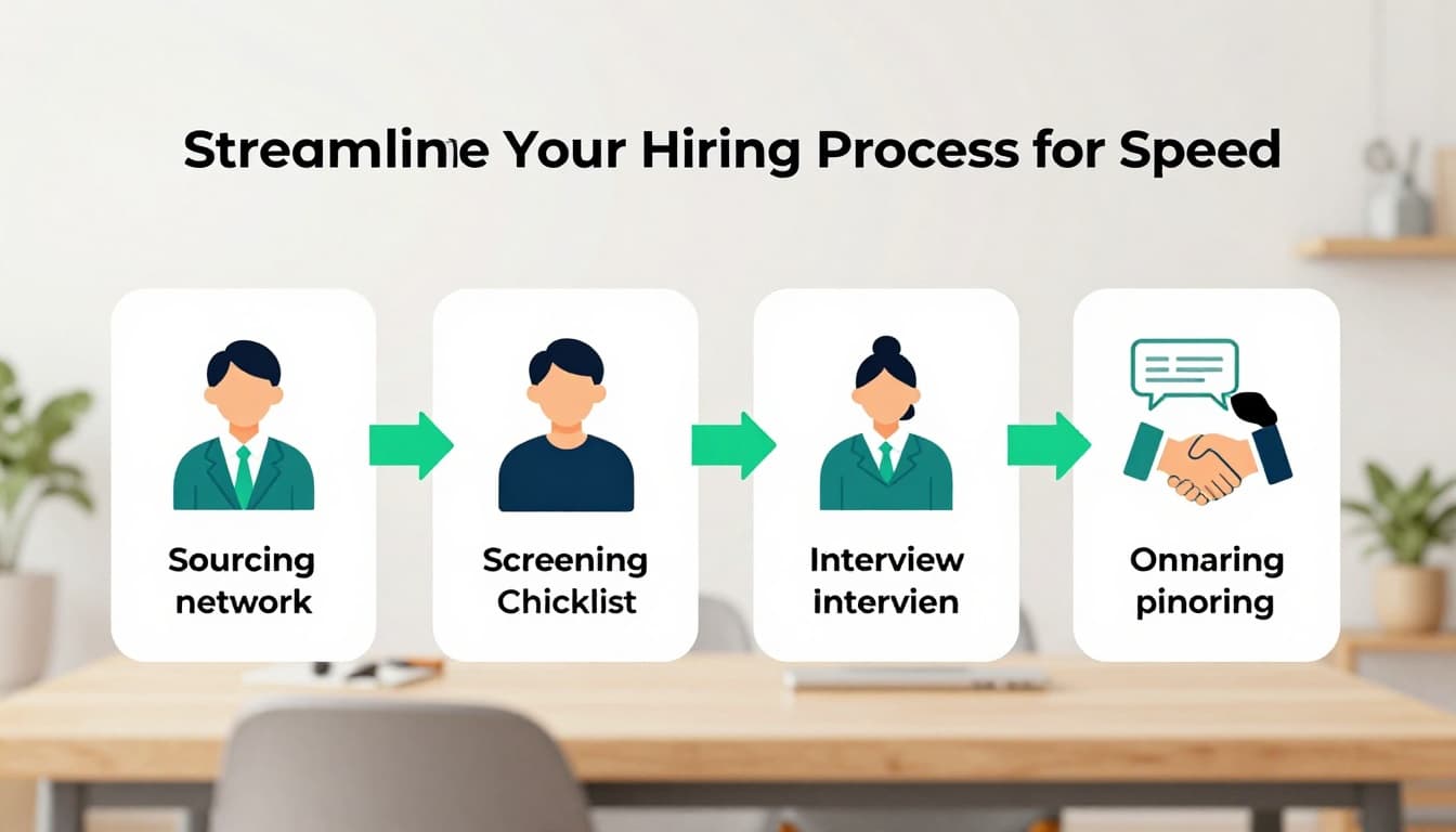 Modern horizontal illustration of four icons depicting security talent pipeline steps: sourcing network, screening checklist, interview dialogue bubble, and onboarding handshake, connected by green arrows on a subtle desk background.