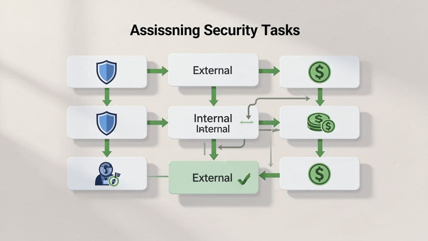 Flat design flowchart with risk assessment, core vs specialized, and cost-benefit boxes featuring shield and dollar icons, connected by green arrows to internal or external paths.