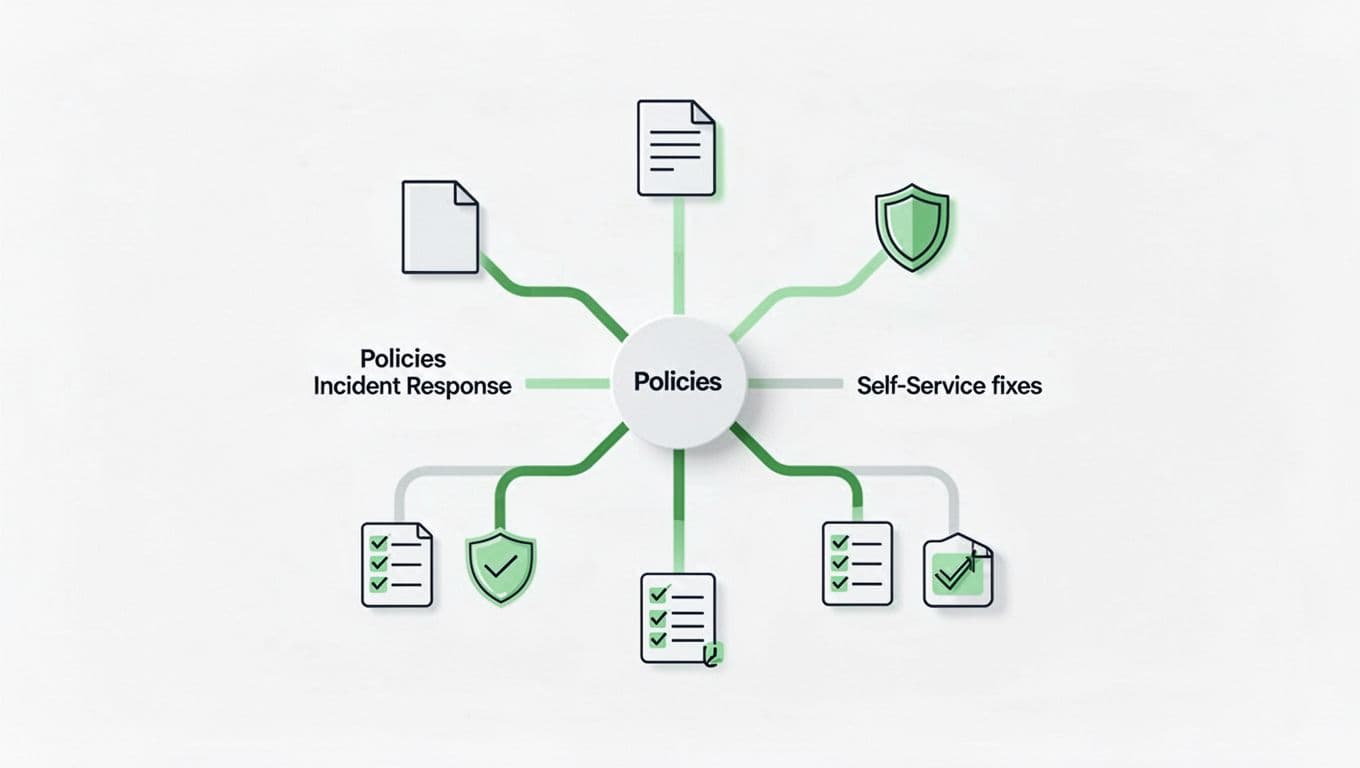 Central node branches to four categories, each with document, shield, and checklist icons, using green accents on white background.