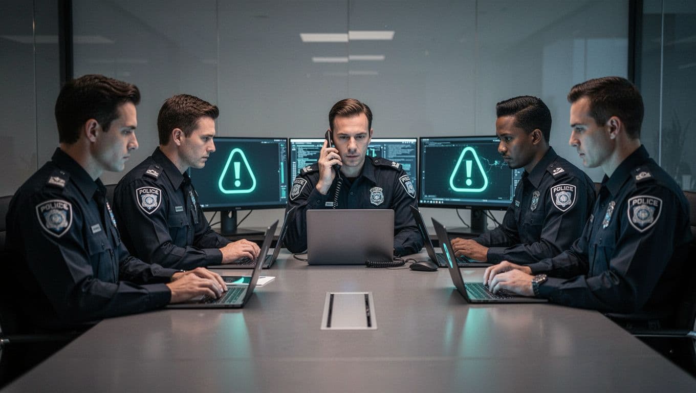 Modern illustration of a small security team of exactly four people in a conference room during a crisis, with the lead on phone and laptop, others reviewing alert screens, focused atmosphere with screen glows.
