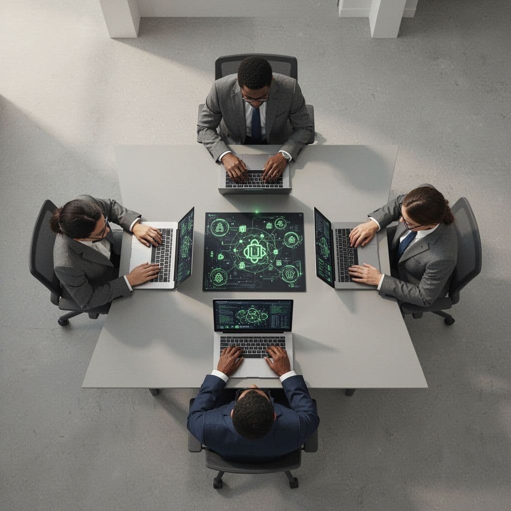 Three people at a conference table review a digital asset map on laptops from above.