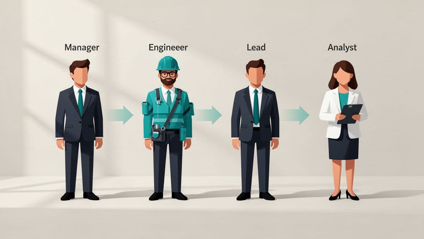 Horizontal timeline with four icons for security manager, engineer, GRC lead, and analyst, connected by arrows on light background.