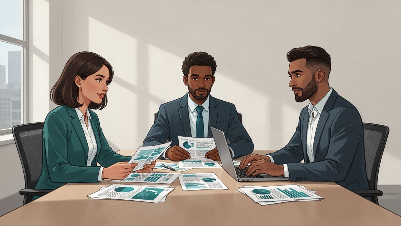 Modern illustration of three diverse professionals seated at a conference table in an office, reviewing printouts and a laptop in a collaborative discussion. Side view captures relaxed hands, natural window light, and a professional atmosphere focused on security matrix implementation.