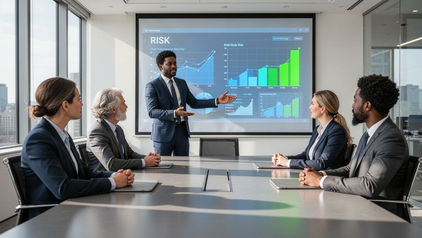 Five diverse executives around a conference table, one standing pointing to wall screen with risk metrics chart.