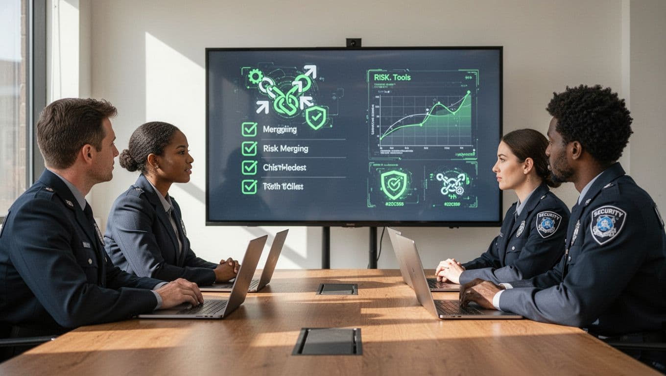 Three diverse team members in conference room review digital checklist on large screen with merger icons, risk charts, and security tools.