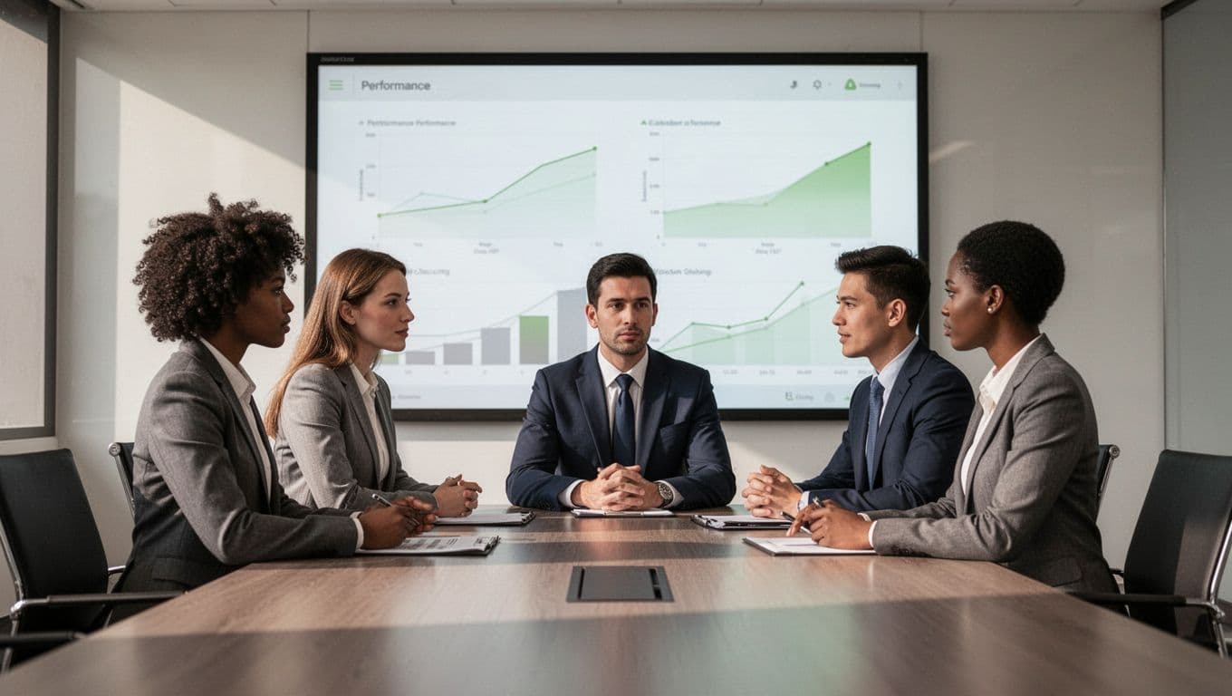 Security lead discusses performance charts on shared screen with two attentive diverse professionals in conference room.