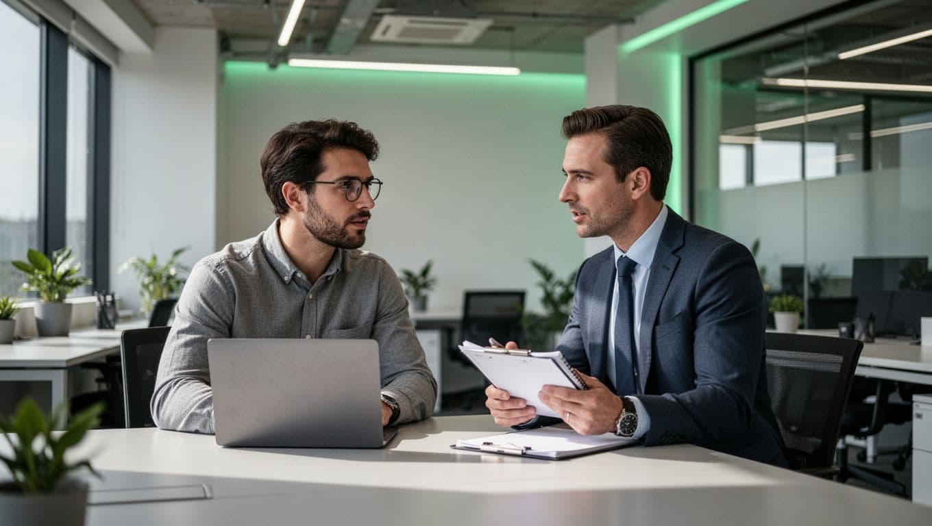 Modern illustration of a three-person security team—one engineer at a laptop, one manager reviewing notes, one peer collaborating—in a quick post-interview huddle sharing feedback in a modern office with clean shapes, #22C55E accents, soft lighting, and focused composition.