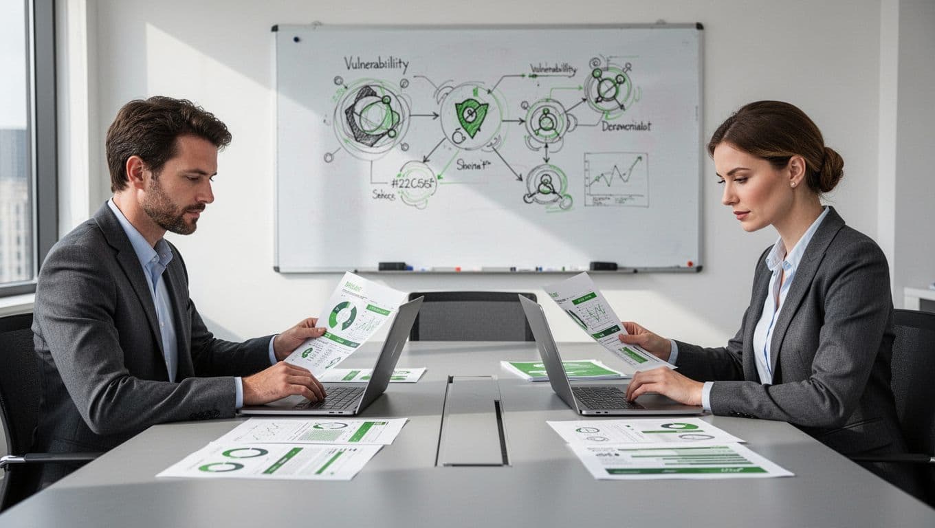 Six professionals in business casual attire collaborate around a conference table, reviewing printed security reports and laptops in a modern conference room with a whiteboard displaying vulnerability charts in the background. Modern illustration style with clean shapes, controlled color palette, and #22C55E green accents on reports, charts, and laptops.