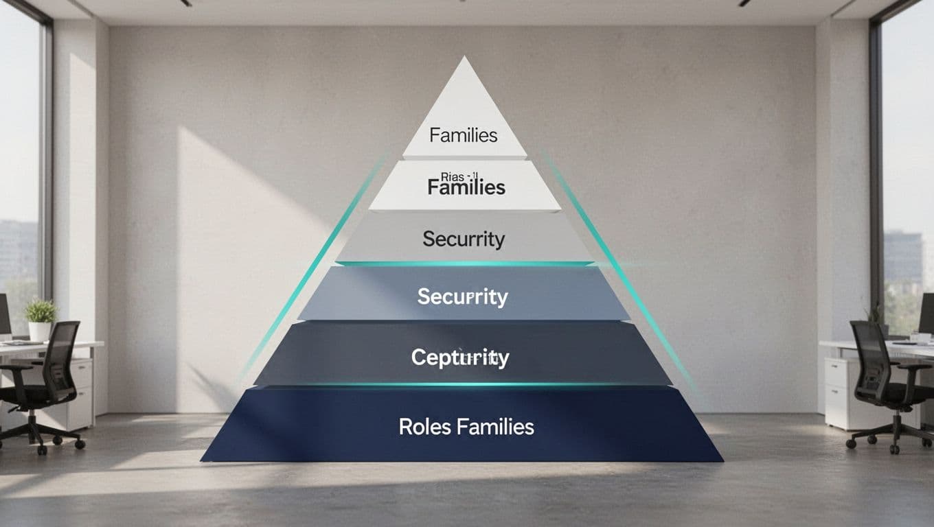 Modern illustration of a security team organizational chart for a growing company, depicted as a central pyramid structure showing role families like engineering, detection, GRC, ops, app sec, and leadership across levels from junior to senior executive.
