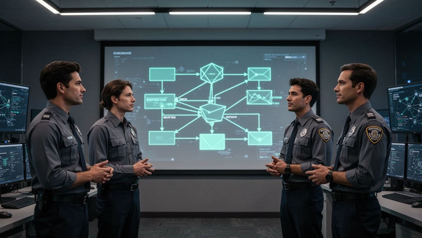 Modern illustration of a security team in a dimly lit ops center discussing realistic attack paths shown in a network diagram flowchart on a large screen with green highlights. Focus on the screen and three team members in natural poses, clean shapes, and controlled colors.